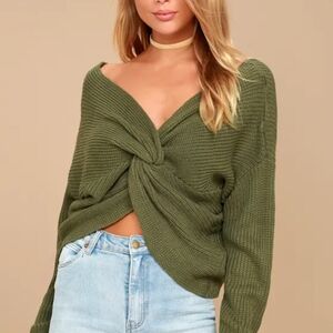 NWT. Sage The Label Heart Throb Olive Green Cropped Knit Sweater